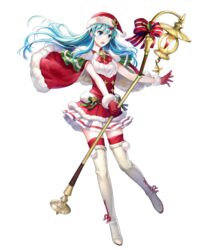  alternate_costume asatani_tomoyo blue_eyes blue_hair boots breasts candle cape christmas earrings eirika_(fire_emblem) eirika_(winter)_(fire_emblem) female fire_emblem fire_emblem:_the_sacred_stones fire_emblem_heroes full_body fur_trim gloves hat highres holding jewelry long_hair looking_away medium_breasts official_art open_mouth pleated_skirt pom_pom_(clothes) red_gloves red_thighhighs santa_hat skirt sleeveless solo staff thigh_boots thighhighs transparent_background zettai_ryouiki 