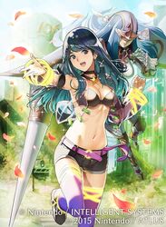  2girls armor belt black_shorts blue_eyes blue_hair breasts caeda_(fire_emblem) cleavage commentary_request company_name copyright_name daigoman fire_emblem fire_emblem_cipher gauntlets hair_ornament hairclip helmet lance leg_up long_hair medium_breasts multiple_girls navel official_art open_mouth oribe_tsubasa outstretched_arm petals polearm protected_link purple_legwear short_shorts shorts thighhighs tokyo_mirage_sessions_fe weapon 