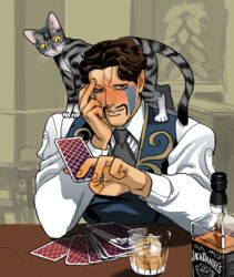  1boy alcohol animal animal_on_shoulder blush brown_hair card cat_on_shoulder chair commentary_request daniel_j._d&#039;arby drink facial_hair facial_mark feline glass head_rest holding holding_card jack_daniel&#039;s jojo_no_kimyou_na_bouken maitake_(cbe08253) male_focus moustache necktie orange_eyes playing_card shadow smile solo stardust_crusaders table tattoo upper_body vest whiskey 