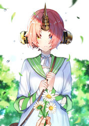  bag blue_eyes blush collarbone commentary_request dress fate/grand_order fate_(series) female flower frankenstein&#039;s_monster_(animejapan_2018)_(fate) frankenstein&#039;s_monster_(fate) giving green_sailor_collar heterochromia holding holding_flower horns leaf looking_at_viewer mechanical_horns official_alternate_costume out_of_frame parted_lips photoshop_(medium) pink_hair pov pov_hands sailor_collar short_hair shoulder_bag single_horn solo_focus water_drop white_dress yellow_eyes zonana 