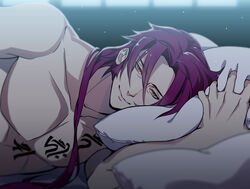  1boy bara bare_pectorals blurry closed_mouth collarbone commentary_request depth_of_field long_sideburns looking_at_viewer lying male_focus muscular muscular_male on_side pectorals pillow pillow_grab samurai10932 sideburns smile solo tattoo tonbokiri_(touken_ranbu) touken_ranbu upper_body window yellow_eyes 