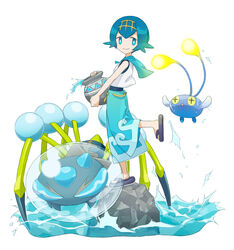  antennae araquanid bad_id bad_pixiv_id blue_eyes blue_hair carrying chinchou colored_sclera cross-shaped_pupils female highres kouri_(kyorosuukeeeeeee) lana_(pokemon) looking_at_viewer looking_to_the_side photoshop_(medium) pokemon pokemon_(creature) pokemon_sm pot rock sailor_collar sandals shirt short_hair simple_background sleeveless sleeveless_shirt smile splashing standing standing_on_one_leg swimsuit swimsuit_under_clothes symbol-shaped_pupils tiara water white_background yellow_sclera 