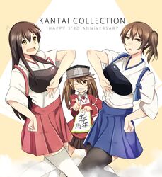  3girls akagi_(kancolle) brown_eyes brown_hair commentary english_commentary hakama hakama_short_skirt hakama_skirt highres japanese_clothes jojo_no_kimyou_na_bouken jojo_pose kaga_(kancolle) kantai_collection long_hair multiple_girls muneate parody pose ryuujou_(kancolle) side_ponytail skirt tasuki thighhighs twintails visor_cap wangphing 