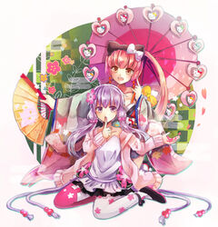  2girls :d bow brown_eyes commentary earrings flower folding_fan hair_flower hair_ornament hairbow hand_fan hello_kitty highres jewelry long_hair md5_mismatch multiple_girls nekomura_iroha nekomura_iroha_(vocaloid4) oerba_yun_fang oil-paper_umbrella open_mouth pantyhose ponytail purple_eyes purple_hair red_hair sanrio short_hair_with_long_locks sidelocks sitting smile suisetsu_mizuna umbrella very_long_hair vocaloid voiceroid yokozuwari yuzuki_yukari yuzuki_yukari_(onn) yuzuki_yukari_(vocaloid4) 