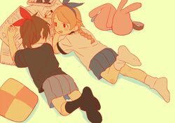  2girls animal_ears bag black_shirt blue_ribbon commentary_request crayon cushion d.y.x. hair_ribbon haru_(yomawari) looking_at_another lying multiple_girls on_floor on_stomach paper pleated_skirt ponytail rabbit_ears red_ribbon ribbon school_uniform shin_yomawari shirt short_sleeves shoulder_bag skirt socks white_shirt yomawari_(series) yui_(yomawari) 