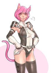  adventurer_(ff11) animal_ears armor black_thighhighs boots breasts cat_ears cat_girl cat_tail cowboy_shot elbow_gloves faulds female final_fantasy final_fantasy_xi gloves hands_on_own_hips highres john_doe_(jdart) large_breasts leotard lips md5_mismatch mithra_(ff11) nose pauldrons pink_eyes pink_hair resolution_mismatch short_hair shoulder_armor smile solo source_smaller tail thigh_boots thighhighs unaligned_breasts vambraces 