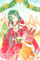  2girls antlers breasts cape cecilia_(fire_emblem) cecilia_(winter)_(fire_emblem) christmas_tree cleavage closed_eyes commentary_request dress elbow_gloves fae_(fire_emblem) fae_(winter)_(fire_emblem) fire_emblem fire_emblem:_the_binding_blade fire_emblem_heroes fur_trim gloves green_hair horns leaning_forward long_hair long_sleeves multiple_girls open_mouth pointy_ears ponzu_(pnz_210) purple_hair red_gloves reindeer_antlers short_hair 