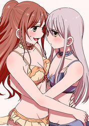  2girls bang_dream! bikini bikini_skirt blue_bikini blue_choker blush breasts brown_hair choker cleavage commentary_request face-to-face frilled_choker frills frown grey_eyes grey_hair groin hair_between_eyes half_updo highres hug imai_lisa long_hair looking_at_another medium_breasts midriff minato_yukina multiple_girls murata_(igaratara) open_mouth orange_bikini simple_background smile sweatdrop swimsuit yellow_choker yellow_eyes yuri 