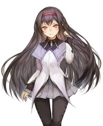  akemi_homura akemi_homura_(magical_girl) argyle_clothes argyle_legwear bad_id bad_pixiv_id black_hair black_pantyhose female hairband head_tilt highres long_hair long_sleeves magical_girl mahou_shoujo_madoka_magica mahou_shoujo_madoka_magica_(anime) pantyhose parted_lips photoshop_(medium) pleated_skirt red_eyes red_hairband rotain simple_background skirt solo very_long_hair white_background 