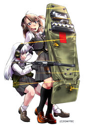  2girls as_val assault_rifle commentary_request eikura_mira firefight gloves gun highres holding holding_gun holding_weapon kalashnikov_rifle kamotama kashiwagi_tomoko knee_pads little_armory machine_gun multiple_girls neckerchief open_mouth pleated_skirt rifle school_uniform serafuku shield short_hair skirt suppressor weapon 