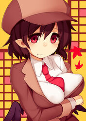  :3 alternate_costume arms_under_breasts blush breast_rest breasts brown_hair brown_hat brown_jacket cabbie_hat collared_shirt commentary_request covered_nipples female flat_cap hat jacket large_breasts leaf long_sleeves looking_at_viewer maple_leaf mikan_(bananoha) necktie off_shoulder official_alternate_costume pointy_ears red_eyes red_necktie shameimaru_aya shameimaru_aya_(newsboy) shirt short_hair smile solo suit_jacket touhou upper_body white_shirt wings 