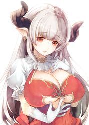  alicia_(granblue_fantasy) blush breasts center_opening cleavage clothing_cutout commentary_request draph dress earrings female gloves granblue_fantasy horns huge_breasts jewelry long_hair namanie open_mouth pointy_ears red_eyes simple_background smile solo underboob_cutout white_background white_gloves white_hair 