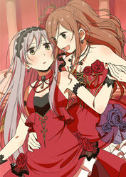  2girls :d armlet bang_dream! black_hairband blue_flower blue_rose blush bracelet brooch brown_eyes brown_hair commentary_request dress earrings flower grey_eyes grey_hair hair_flower hair_ornament hairband hand_on_another&#039;s_waist holding_hands imai_lisa jewelry lace lace-trimmed_hairband lace_hairband lace_trim long_hair looking_at_another minato_yukina multiple_girls murata_(igaratara) necklace one_side_up open_mouth red_dress red_flower red_rose rose smile strapless strapless_dress veil yuri 