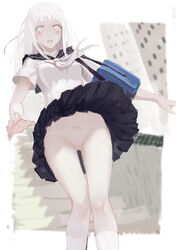  bag blame! blame_gakuen! blush bow bow_panties cibo commentary_request female highres hime_cut long_hair looking_at_viewer pale_skin panties photoshop_(medium) pleated_skirt school_bag school_uniform serafuku skirt solo tuzki underwear white_eyes white_hair white_panties 