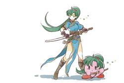  1other bad_id bad_twitter_id black_gloves closed_mouth commentary copy_ability cosplay dress female fingerless_gloves fire_emblem fire_emblem:_the_blazing_blade gloves green_hair holding holding_sword holding_weapon kirby kirby_(series) long_hair lyn_(fire_emblem) lyn_(fire_emblem)_(cosplay) murabito_ba oomoto_makiko pelvic_curtain ponytail short_sleeves side_slit simple_background standing super_smash_bros. sword symbol-only_commentary voice_actor_connection weapon white_background 