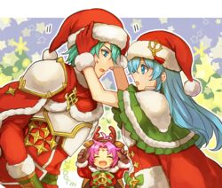  1boy 2girls antlers aqua_eyes aqua_hair bad_id bad_twitter_id bell bow brother_and_sister brown_gloves cape closed_eyes commentary_request eirika_(fire_emblem) eirika_(winter)_(fire_emblem) ephraim_(fire_emblem) ephraim_(winter)_(fire_emblem) facial_mark fae_(fire_emblem) fae_(winter)_(fire_emblem) fire_emblem fire_emblem:_the_binding_blade fire_emblem:_the_sacred_stones fire_emblem_heroes forehead_mark from_side fur_trim gloves hat horns long_hair long_sleeves multiple_girls nana_(nanalog76) open_mouth pom_pom_(clothes) purple_hair red_gloves red_hat reindeer_antlers santa_costume santa_hat short_hair siblings 