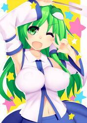  blush breasts commentary_request covered_nipples detached_sleeves female frog_hair_ornament gohei green_eyes green_hair hair_ornament hair_tubes japanese_clothes kochiya_sanae large_breasts long_hair long_sleeves looking_at_viewer midriff mikan_(bananoha) miko navel one_eye_closed open_mouth shirt skirt smile solo star_(symbol) touhou upper_body v wide_sleeves yellow_background 