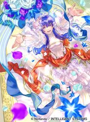  arms_up blue_eyes blue_hair bouquet bride caeda_(bridal)_(fire_emblem) caeda_(fire_emblem) commentary_request company_name copyright_name dress female fire_emblem fire_emblem:_mystery_of_the_emblem fire_emblem_cipher flower long_hair official_art parted_lips petals ribbon sleeveless sleeveless_dress solo suzuki_rika wedding_dress white_dress 