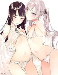  2girls asymmetrical_docking bikini black_hair black_ribbon blush breast_press choker closed_mouth commentary_request cowboy_shot flat_chest grey_hair hair_ribbon long_hair looking_at_viewer multiple_girls navel original parted_lips purple_eyes ribbon see-through shunsei_(muratou) sidelocks simple_background smile sweat swimsuit take_your_pick tsurime twintails twitter_username white_background white_bikini 