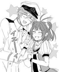  1boy ^_^ ^q^ admiral_(kancolle) admiral_arisugawa ahoge bad_id bad_twitter_id blush closed_eyes double_bun dress female finger_to_mouth girly_boy greyscale grin hair_bun holding_hands index_finger_raised interlocked_fingers kantai_collection military military_uniform monochrome nagomi_(mokatitk) nail_polish naka_(kancolle) open_mouth short_hair simple_background smile star_(symbol) uniform v 