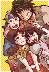  3boys arm_around_shoulder blue_eyes blue_headband brown_eyes brown_hair closed_eyes commentary_request female flik_(suikoden) gensou_suikoden gensou_suikoden_ii gloves hand_on_another&#039;s_head hand_on_another&#039;s_shoulder headband mukumuku multiple_boys nanami_(suikoden) polka_dot polka_dot_background riou_(suikoden) scarf short_hair smile t_t_n viktor_(suikoden) yellow_background 