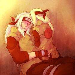  1boy blonde_hair closed_eyes drooling female fingerless_gloves flak_jacket forehead_protector gloves jiraiya long_hair naruto saliva sitting sitting_on_person sleeping tamagokara tsunade white_hair 