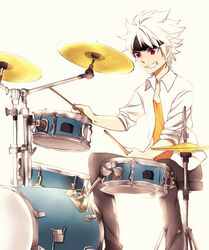  1boy aki_(645451622) bad_id bad_pixiv_id drum drum_set drumsticks grin headband ibuki_munemasa inazuma_eleven_(series) inazuma_eleven_go inazuma_eleven_go_galaxy instrument male_focus music playing_instrument sitting smile solo white_hair 