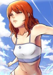  armpits blue_sky cissnei crisis_core_final_fantasy_vii female final_fantasy final_fantasy_vii hananon midriff navel orange_eyes orange_hair short_hair sky solo swimsuit upper_body water 