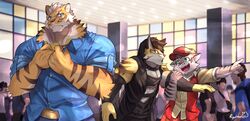  2018 anthro clothed clothing clouded_leopard countershading digital_media_(artwork) felid feline fur group hat headgear headwear hi_res hoodie human kemono large_group leopard_cat likulau lin_hu male mammal nekojishi pantherine prionailurus ryulabo shu-chi simple_background studio_klondike tiger topwear 