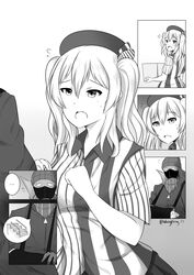  ... 1boy arm_sling balaclava beanie beret box cast commentary employee_uniform english_commentary female flying_sweatdrops greyscale hat highres kantai_collection kashima_(kancolle) kashima_(lawson)_(kancolle) lawson mask monochrome open_mouth robba-san_(wangphing) spoken_ellipsis twintails twitter_username uniform wangphing 