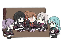  5girls aged_down aqua_bow aqua_bowtie aqua_hair bang_dream! black_bow black_footwear black_hair black_sleeves boots bow bowtie brown_eyes brown_hair chibi closed_eyes commentary_request couch detached_sleeves flat_color green_eyes grey_hair hairbow hikawa_sayo imai_lisa lolicon long_hair minato_yukina multiple_girls murata_(igaratara) one_side_up own_hands_together pink_bow pink_bowtie purple_eyes purple_hair roselia_(bang_dream!) rubbing_eyes shirokane_rinko simple_background sitting standing twintails udagawa_ako wavy_mouth white_background white_bow white_bowtie yellow_eyes 