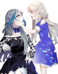  ! 1boy :d bad_id bad_twitter_id bare_shoulders black_dress blue_bow blue_bowtie blue_choker blue_dress blue_lips blue_nails blush bow bowtie braid choker clothing_cutout die_(ohisashiburi) dress eye_contact eyeshadow female fingernails green_hair grey_hair hair_ribbon hairbow herme_(ohisashiburi) highres jewelry lipstick long_hair long_sleeves looking_at_another makeup multicolored_hair multicolored_nails nail_polish ohisashiburi open_mouth original pale_skin parted_lips profile purple_bow purple_eyes purple_nails red_eyes red_nails ribbon ribbon_braid ring short_sleeves shoulder_cutout smile standing streaked_hair wide-eyed 