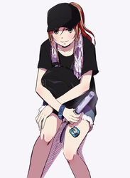  :3 backpack bag bang_dream! baseball_cap black_hat black_shirt bracelet brown_hair character_print commentary_request denim denim_shorts female glowstick grey_background grey_eyes group_name hair_between_eyes hat holding imai_lisa jewelry leaning merchandise minato_yukina murata_(igaratara) ponytail shirt short_sleeves shorts sidelocks sitting solo t-shirt towel towel_around_neck unworn_backpack unworn_bag 