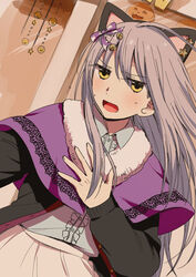  ahoge animal_ears bang_dream! bell black_cardigan bow capelet cardigan cat_ears center_frills collared_shirt commentary_request dutch_angle fake_animal_ears female frills fur-trimmed_capelet fur_trim grey_hair hair_bell hair_ornament hairbow highres jack-o&#039;-lantern jingle_bell long_hair long_sleeves minato_yukina murata_(igaratara) open_mouth print_bow purple_bow purple_capelet shirt skirt solo star_(symbol) star_print sweatdrop white_skirt yellow_eyes 