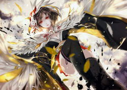  black_thighhighs blurry blurry_background breasts brown_hair cleavage commentary_request depth_of_field dutch_angle feathers feet_out_of_frame female highres itsumade_(onmyoji) japanese_clothes kimono large_breasts long_sleeves looking_at_viewer mask mask_on_head obi onmyoji parted_lips photoshop_(medium) pleated_skirt red_eyes red_skirt sash skirt solo thighhighs vardan wide_sleeves wings 