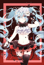  absurdres arm_up bad_id bad_pixiv_id black_thighhighs bless_you_(module) female flower hair_flower hair_ornament hatsune_miku highres kakami_(pixiv7616827) long_hair midriff nail_polish navel nisoku_hokou_(vocaloid) project_diva_(series) project_diva_f_2nd skirt solo thigh_gap thighhighs twintails very_long_hair vocaloid 