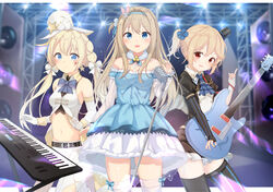  3girls :d absurdres argyle_cutout armpit_crease ascot asymmetrical_gloves asymmetrical_legwear bad_id bad_pixiv_id bare_shoulders belt bird black_legwear black_shirt black_skirt blonde_hair blue_bow blue_dress blue_eyes blue_flower blue_neckwear blue_ribbon blurry blurry_background blush bow bowtie braid breasts brown_hair buttons chick closed_mouth clothing_cutout collared_shirt colt_revolver_(girls&#039;_frontline) colt_revolver_(queen_of_miracles)_(girls&#039;_frontline) commentary crop_top detached_collar detached_sleeves dress elbow_gloves electric_guitar fingerless_gloves flower frilled_dress frilled_skirt frills fur_trim girls&#039;_frontline glint gloves groin guitar hair_flower hair_intakes hair_ornament hair_ribbon hairband hand_up hat highres holding holding_instrument idol index_finger_raised instrument juliet_sleeves keyboard_(instrument) long_hair long_sleeves looking_at_viewer medium_breasts microphone microphone_stand midriff mini_hat mini_top_hat miniskirt mismatched_gloves mismatched_legwear multiple_girls nagant_revolver_(astral_bond)_(girls&#039;_frontline) nagant_revolver_(girls&#039;_frontline) navel off-shoulder_dress off_shoulder official_alternate_costume one_side_up open_mouth pants plectrum pom_pom_(clothes) puffy_sleeves rabbit_hair_ornament red_eyes ribbon shirt short_hair short_ponytail side-by-side sidelocks single_elbow_glove skirt small_breasts smile snowflake_hair_ornament speaker stage_lights standing star_(symbol) striped_clothes striped_gloves striped_thighhighs suomi_(girls&#039;_frontline) suomi_(korvatunturi_pixie)_(girls&#039;_frontline) tareme thighhighs tilted_headwear top_hat twintails vertical-striped_clothes vertical-striped_thighhighs white_gloves white_hat white_legwear white_pants white_ribbon white_shirt xue_lu zettai_ryouiki 