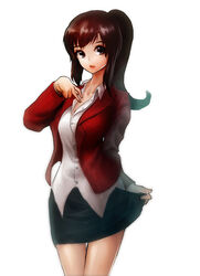  bad_id bad_pixiv_id brown_eyes brown_hair cowboy_shot female jacket original photoshop_(medium) ponytail rheez sidelocks skirt skirt_hold solo standing suit_jacket thighs 