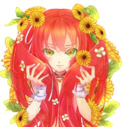  1boy big_hair commentary_request cuffs fingernails fish_mint_(plant) flower green_eyes gudon_(syotakond) hair_flower hair_ornament hands_up highres holding holding_own_hair jewelry long_fingernails long_hair looking_at_viewer male_focus marigold necklace original otoko_no_ko red_hair solo twintails white_flower white_nails wrist_cuffs yellow_flower 