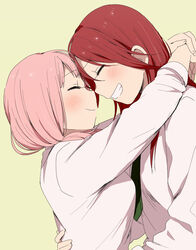  2girls ^_^ bang_dream! blush closed_eyes commentary_request couple face-to-face forehead-to-forehead green_background green_necktie grin heads_together hug long_hair long_sleeves low_twintails multiple_girls murata_(igaratara) necktie pink_hair red_hair shirt simple_background smile twintails udagawa_tomoe uehara_himari upper_body white_shirt yuri 