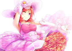  arm_behind_head commentary_request dararito dress earrings elbow_gloves female flower frilled_dress frills gloves hat hat_flower jewelry love_live! love_live!_school_idol_project medium_hair nishikino_maki one_eye_closed outstretched_hand petticoat pink_dress pink_gloves purple_eyes red_hair ring simple_background smile solo white_background 