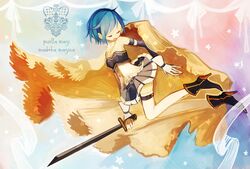  armband bad_id bad_pixiv_id blue_hair cape closed_eyes female gloves magical_girl mahou_shoujo_madoka_magica mahou_shoujo_madoka_magica_(anime) miki_sayaka miki_sayaka_(magical_girl) oktavia_von_seckendorff short_hair sn2562 solo soul_gem sword thighhighs weapon zettai_ryouiki 