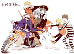  6+boys alternate_hair_color beit_(idolmaster) blonde_hair brown_hair cape commentary_request facial_hair goatee halloween hazama_michio idolmaster idolmaster_side-m maita_rui male_focus motarou_(azarasi0428) motor_vehicle motorcycle moustache multicolored_hair multiple_boys pierre_bichelberger prison_clothes pumpkin_costume s.e.m_(idolmaster) screwdriver simple_background slippers sunglasses takajo_kyoji twitter_username two-tone_hair watanabe_minori white_background yamashita_jiro 