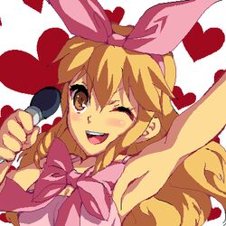  ;d arm_up blonde_hair blush bow breasts brown_eyes dress drill_hair enoo female hair_ribbon hairband heart heart_background holding holding_microphone jaggy_lines jane_maxwell long_hair lowres medium_breasts microphone oekaki one_eye_closed open_mouth pink_bow pink_ribbon ribbon sidelocks sleeveless smile solo upper_body wild_arms wild_arms_1 