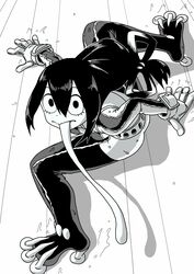  :&gt; all_fours asui_tsuyu belt bodysuit boku_no_hero_academia commentary_request eyelashes female flexible frog_girl gloves greyscale legs_apart long_hair long_tongue low-tied_long_hair monochrome o_den shadow solo tongue tongue_out 