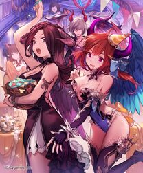  1boy 2girls blush bow breasts brown_eyes brown_hair cake character_request cleavage commentary_request covered_navel demon_girl dress elbow_gloves feathered_wings fingerless_gloves food fruit gloves hairbow hand_up hat high_heels highres horn_bell horn_ornament horns large_breasts lee_hyeseung leotard lucifer_(shingeki_no_bahamut) multiple_girls official_art open_mouth party party_hat purple_eyes shingeki_no_bahamut smile strawberry string_of_flags thighhighs watermark wide-eyed wings 