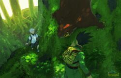  2boys :d animal artist_name back backpack bag black_hair blue_eyes commentary creature dappled_sunlight english_commentary feriowind flying_squirrel forest gon_freecss grass green_shorts green_theme hunter_x_hunter killua_zoldyck layered_sleeves leaf long_sleeves male_focus moss multiple_boys nature open_mouth outdoors oversized_animal pointing shade shoes short_over_long_sleeves short_sleeves shorts smile spiked_hair squirrel sunlight tree turtleneck white_hair 