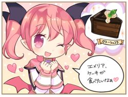  ;d blush cake chocolate_cake demon_girl eco_(petticoat) emelia_pris female food head_wings heart long_hair official_art one_eye_closed open_mouth pink_eyes pink_hair pointy_ears pop-up_story smile solo st._feles_gakuen_uniform translated twintails wings 