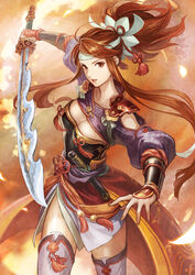  absurdres arm_up breasts brown_eyes brown_hair chinese_clothes cleavage cowboy_shot female floating_hair grey_thighhighs hair_ribbon headband highres holding holding_sword holding_weapon iwamoto_zerogo kaihime_(toukiden) knife long_hair looking_at_viewer medium_breasts open_mouth original photoshop_(medium) ribbon solo standing sword thighhighs toukiden toukiden_kiwami very_long_hair weapon white_ribbon 