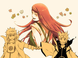  2boys chappa_(chappa7610) closed_eyes female fist_bump grin hair_ornament hairclip long_hair multiple_boys namikaze_minato namikaze_minato_(kyuubi_chakra_mode) naruto naruto_shippuuden open_mouth red_hair smile tsumami uzumaki_kushina uzumaki_naruto uzumaki_naruto_(kyuubi_chakra_mode) very_long_hair 